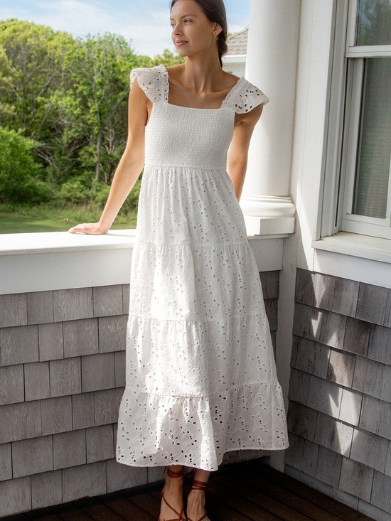 Dresses & Skirts - White Eyelet Maxi Dress with Flutter Sleeves